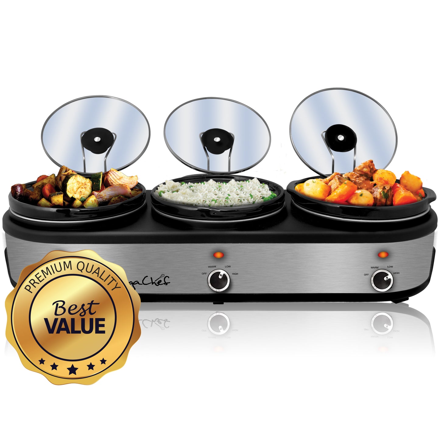 MegaChef Triple 2.5 Quart Slow Cooker and Buffet Server in Brushed Silver and Black Finish with 3 Ceramic Cooking Pots and Removable Lid Rests - American Smart