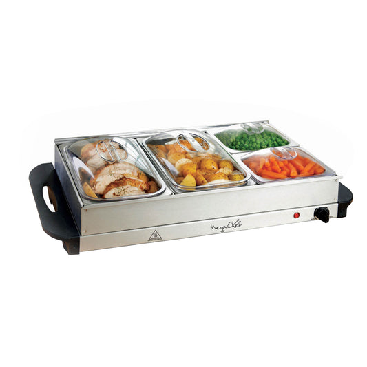 MEGACHEF MegaChef buffet server with 4 removable trays, heated warming tray, and removable tray frame for kitchen use.