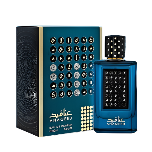Unisex Fragrance World Anaqeed Eau De Parfum bottle with elegant design, showcasing the fragrance's sophisticated packaging.