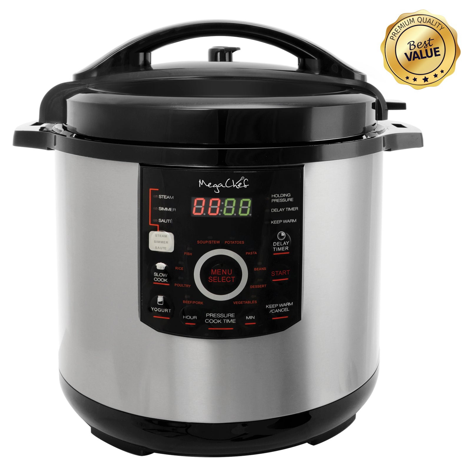 Megachef 12 Quart steel digital pressure cooker with glass lid, 15 preset options, kitchen appliance for efficient cooking.