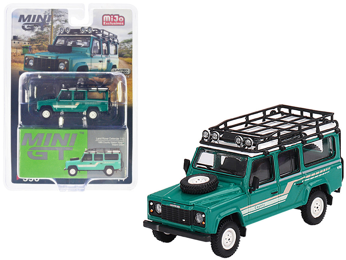 1985 Land Rover Defender 110 County Station Wagon Trident Green with Roof Rack Limited Edition to 2400 pieces Worldwide 1/64 Diecast Model Car by Mini GT-0