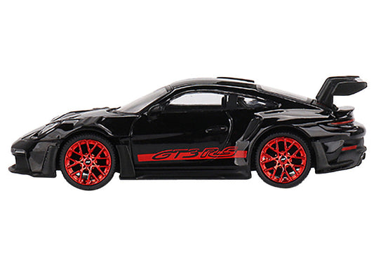 Porsche 911 (992) GT3 RS Black with Pyro Red Stripes Limited Edition to 5520 pieces Worldwide 1/64 Diecast Model Car by Mini GT-0