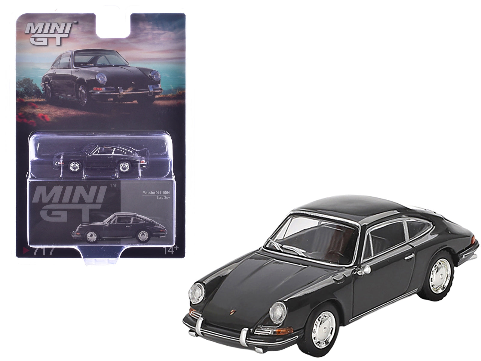 Slate gray 1964 Porsche 911 diecast model car by Mini GT, limited edition 1/64 scale, detailed miniature Porsche collectible.