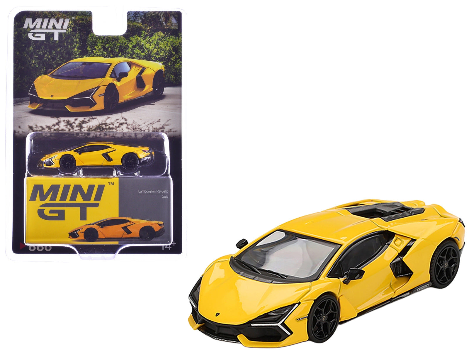 Yellow Lamborghini Revuelto Giallo 1/64 diecast model car by Mini GT, detailed Lamborghini model for collectors.
