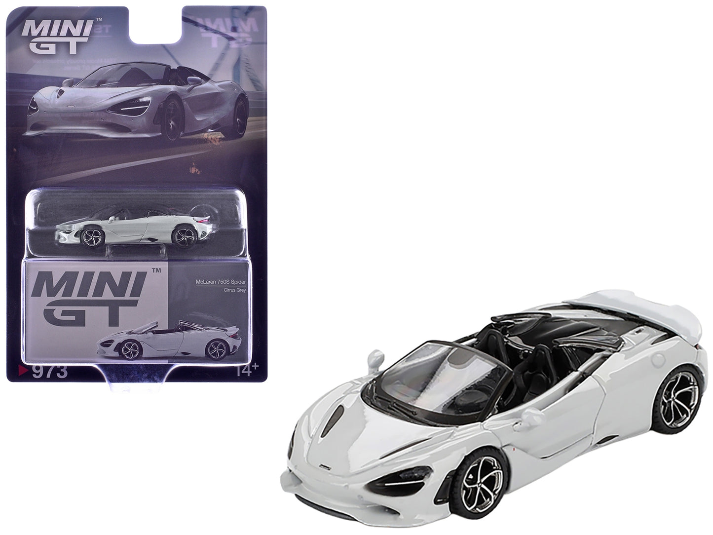 Mini GT McLaren 750S Spider Cirrus Gray 1/64 diecast model car, detailed limited edition sports car replica.