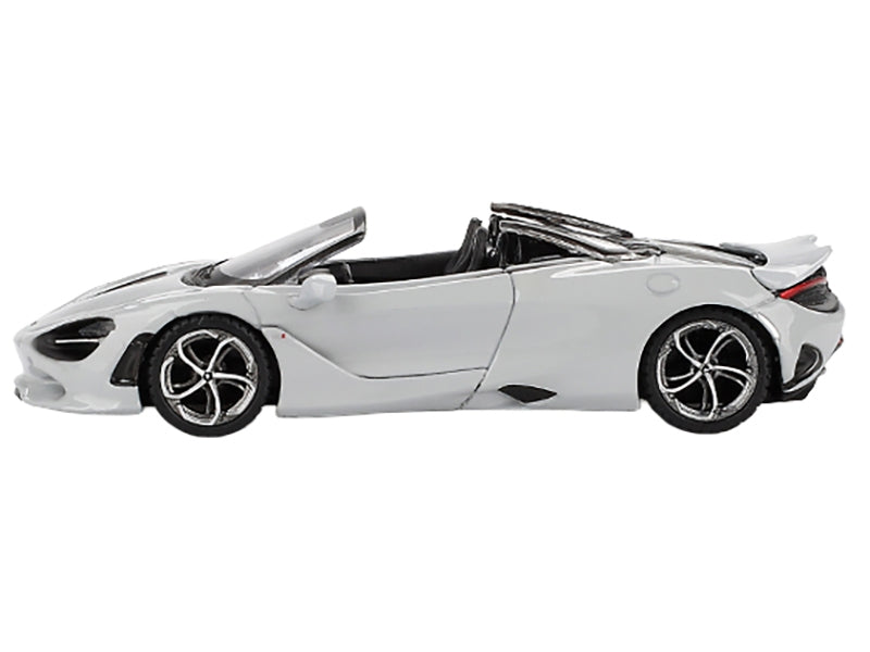 Mini GT McLaren 750S Spider Cirrus Gray 1/64 diecast model car, detailed view of the limited edition collectible.