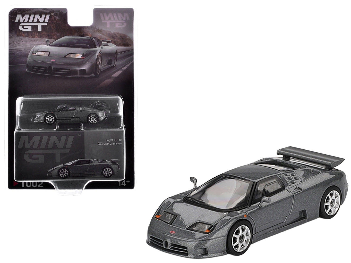 Dark gray metallic Bugatti EB110 Super Sport diecast model car by Mini GT, limited edition 1/64 scale.