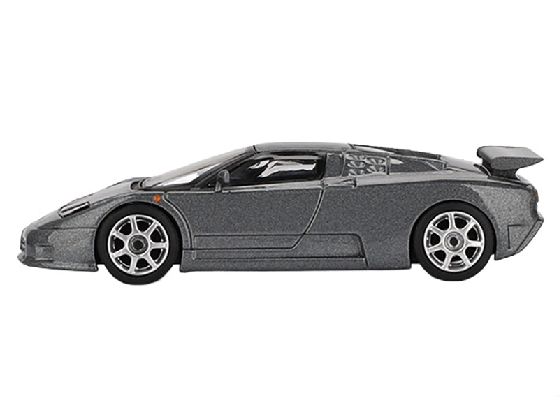 Dark gray metallic Bugatti EB110 Super Sport 1/64 diecast model car by Mini GT, detailed limited edition collectible.