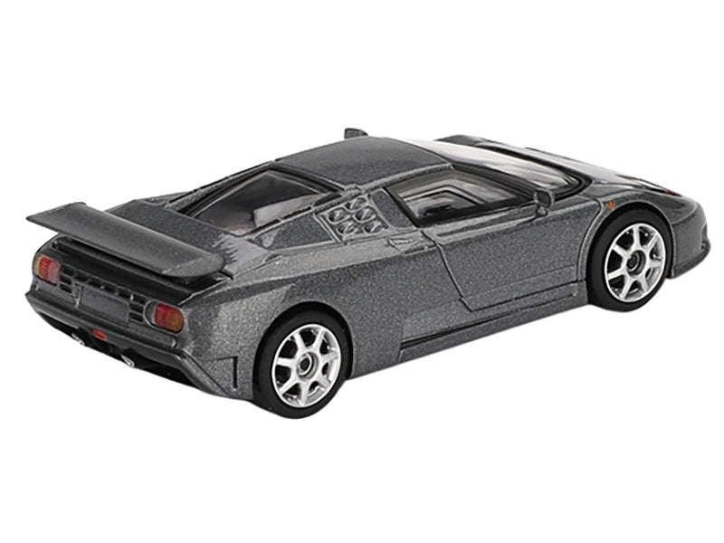 Mini GT Bugatti EB110 Super Sport diecast model car in dark gray metallic, limited edition 1/64 scale, detailed miniature vehicle.