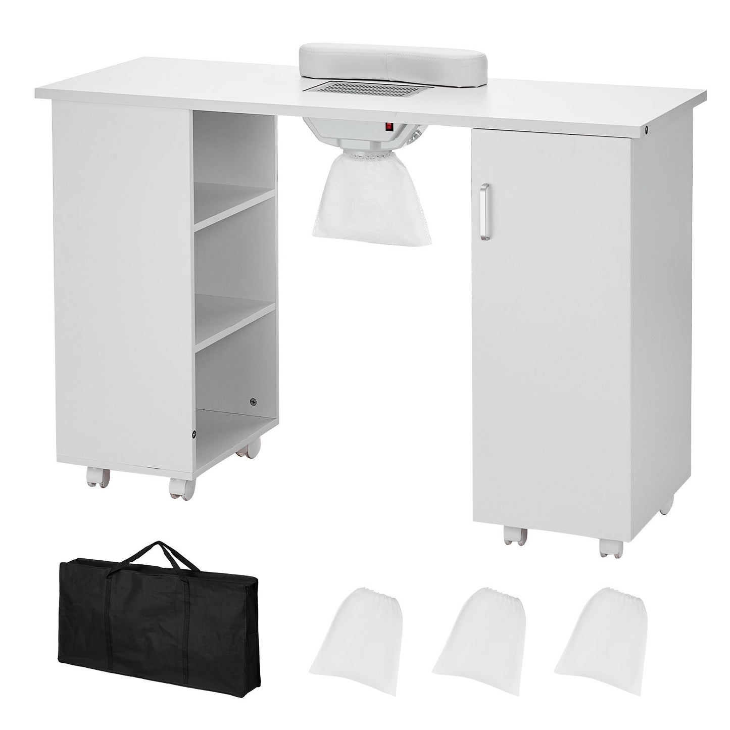 Manicure Table, Nail Table Station with Electric Dust Collector, Moveable Nail Tech Desk with 8 Wheels (4 Lockable), 3 Dust Bag & Wrist Rest, MDF Nail Art Workstation for Spa Beauty Salon, White