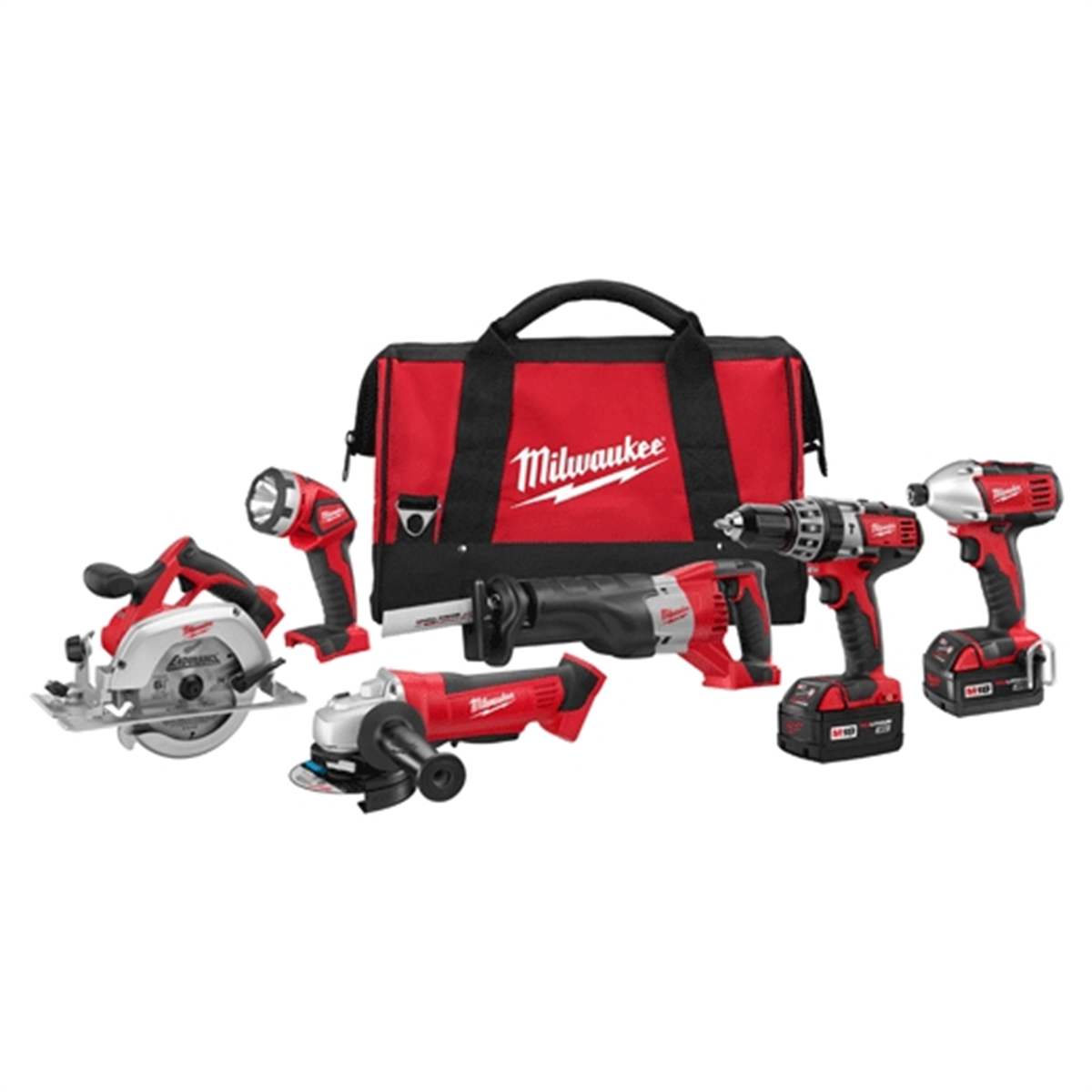 Milwaukee Tool M18 cordless lithium-ion 6-tool combo kit with drill, impact driver, saw, flashlight, and accessories.