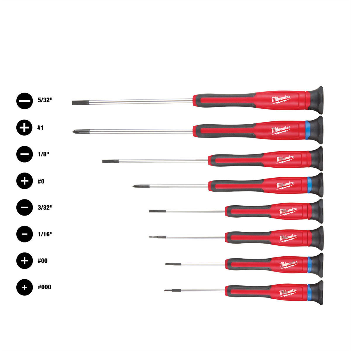 Milwaukee Tool 8-piece precision screwdriver set with ergonomic handles and various tip sizes on a white background.