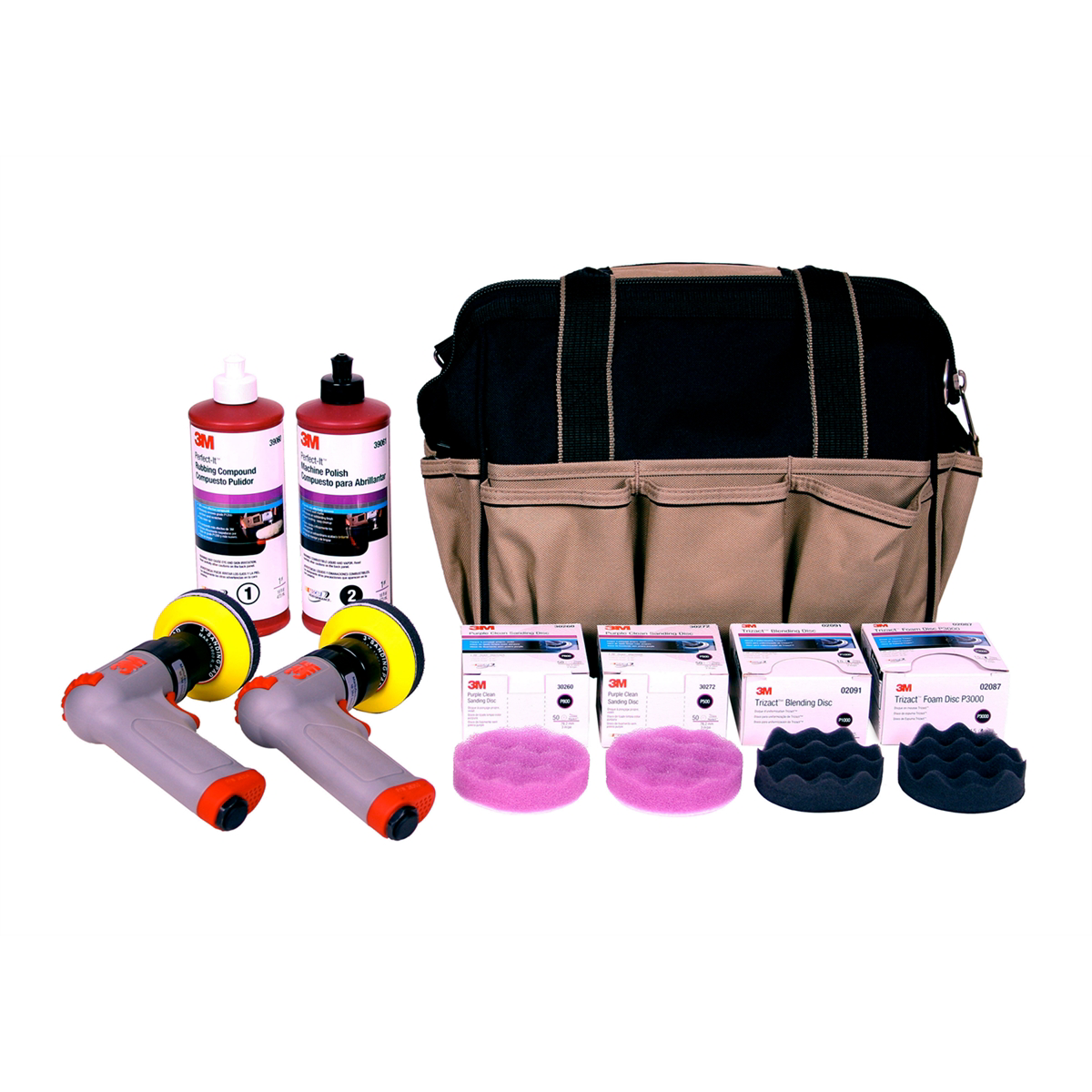 3M Perfect-It Headlight Lens Restoration Kit for car care, showing a restored headlight lens with polishing tools and cleaning supplies.