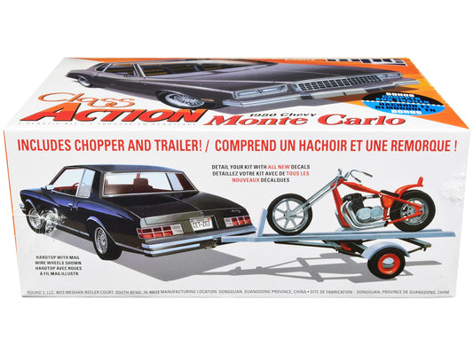 Detailed image of MPC Skill 2 1/25 scale Chevrolet Monte Carlo "Class Action" model kit with motorcycle and trailer.