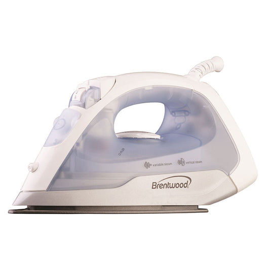 Brentwood teal steam and dry spray iron with non-stick coating, featuring a sleek design and adjustable temperature control.
