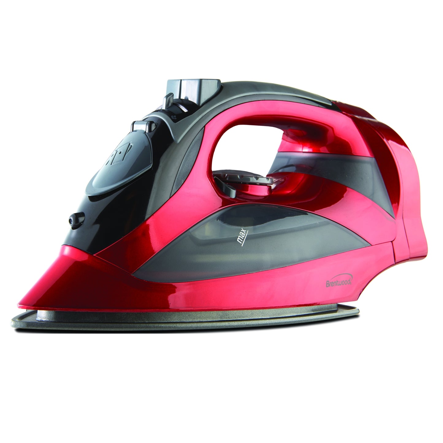 Red Brentwood steam iron with retractable cord, featuring a sleek design and steam control for effective ironing.