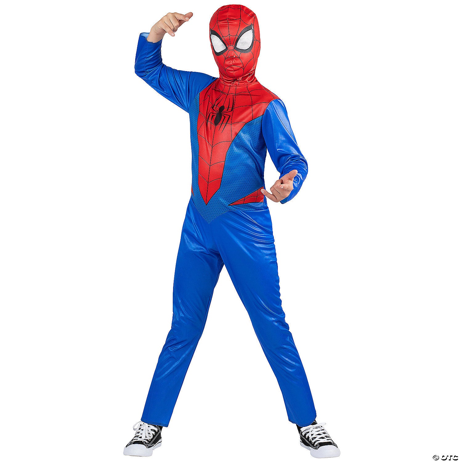 Kids Spider-Man costume mask by Morris, size 8 to 10, featuring red and blue design with web patterns and eye openings.