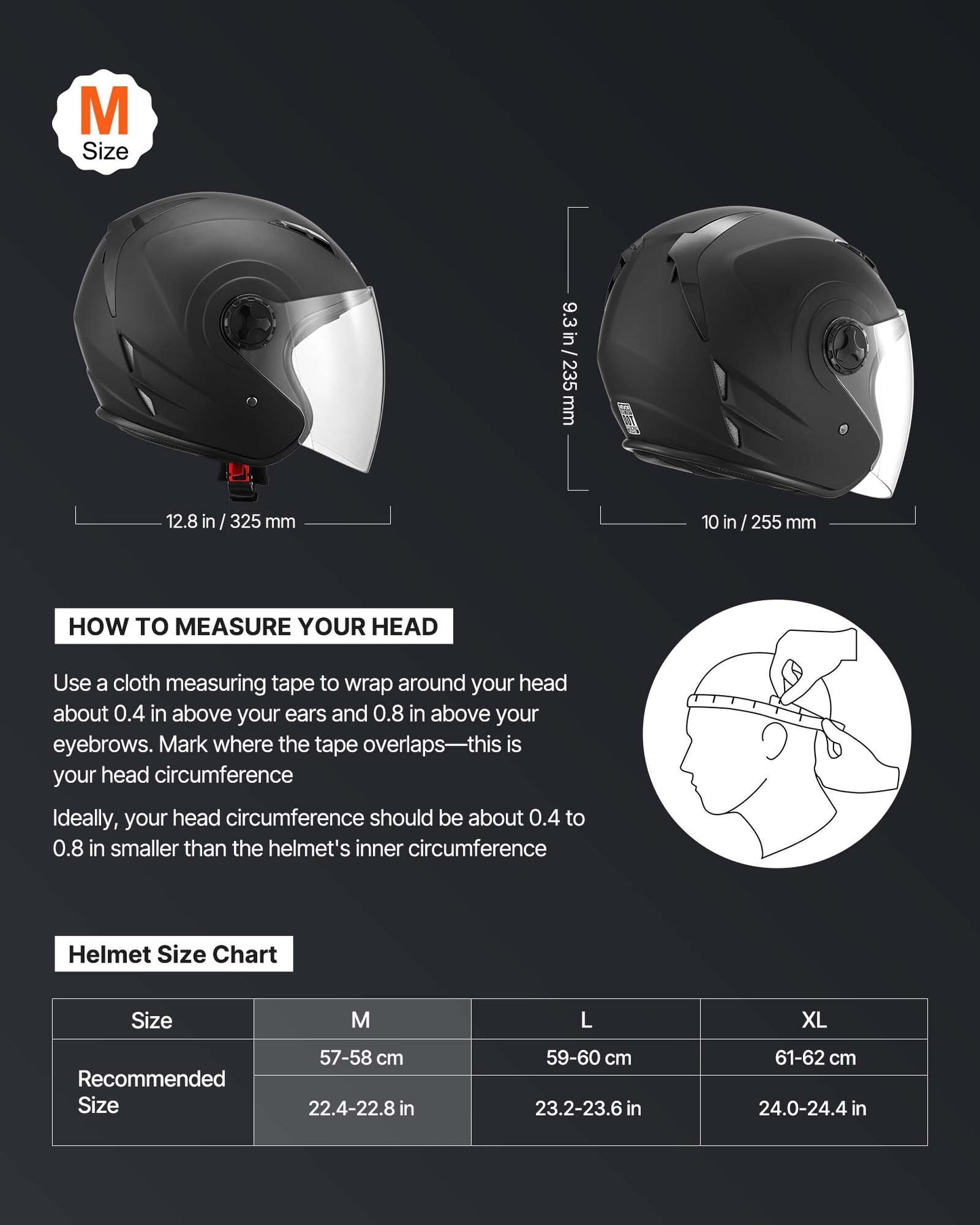 Motorcycle Helmet, 3/4 Open Face, Adult Motocross Dirt Bike Helmet with Clear Visor, Comfortable Motorbike Racing Street with Detachable Liner for Men & Women, DOT Approved, (Matte Black, M) - American Smart
