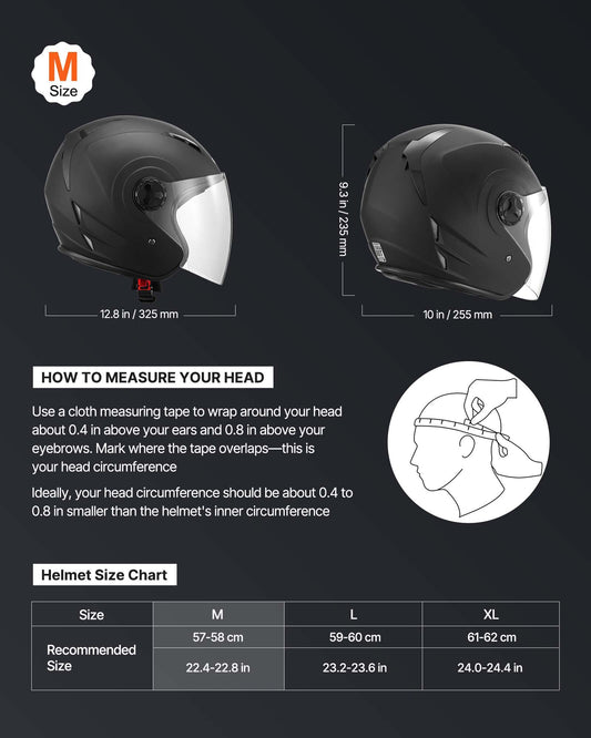 Motorcycle Helmet, 3/4 Open Face, Adult Motocross Dirt Bike Helmet with Clear Visor, Comfortable Motorbike Racing Street with Detachable Liner for Men & Women, DOT Approved, (Matte Black, M) - American Smart