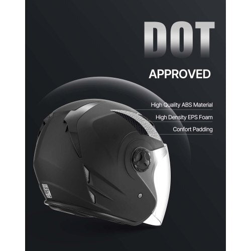 Motorcycle Helmet, 3/4 Open Face, Adult Motocross Dirt Bike Helmet with Clear Visor, Comfortable Motorbike Racing Street with Detachable Liner for Men & Women, DOT Approved, (Matte Black, M) - American Smart