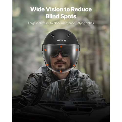 Motorcycle Helmet, 3/4 Open Face, Adult Motocross Dirt Bike Helmet with Clear Visor, Comfortable Motorbike Racing Street with Detachable Liner for Men & Women, DOT Approved, (Matte Black, M) - American Smart