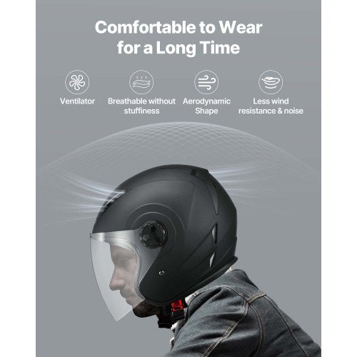 Motorcycle Helmet, 3/4 Open Face, Adult Motocross Dirt Bike Helmet with Clear Visor, Comfortable Motorbike Racing Street with Detachable Liner for Men & Women, DOT Approved, (Matte Black, M) - American Smart