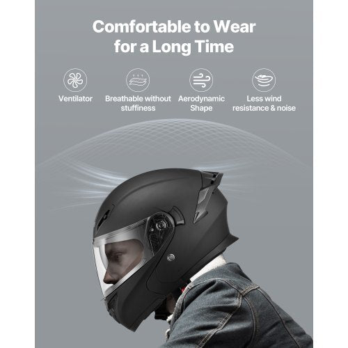 Motorcycle Helmet, Modular, Adult Motocross Dirt Bike Helmet with Large Clear Visor, Comfortable Motorbike Racing Street with Detachable Liner for Men & Women, DOT Approved, (Matte Black, M) - American Smart
