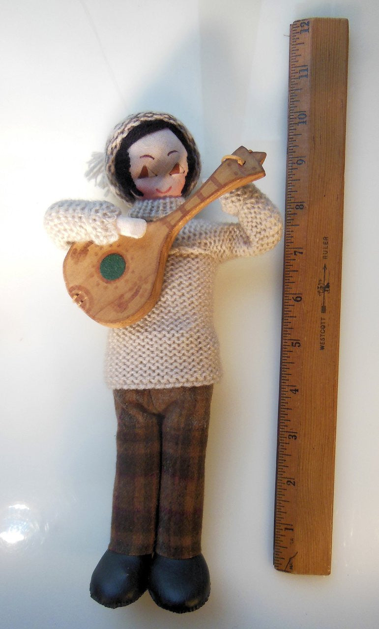Mandolin Player, Vintage Folk Art Doll, Handmade, Knitted Sweater and Hat, painted face on fabric-1
