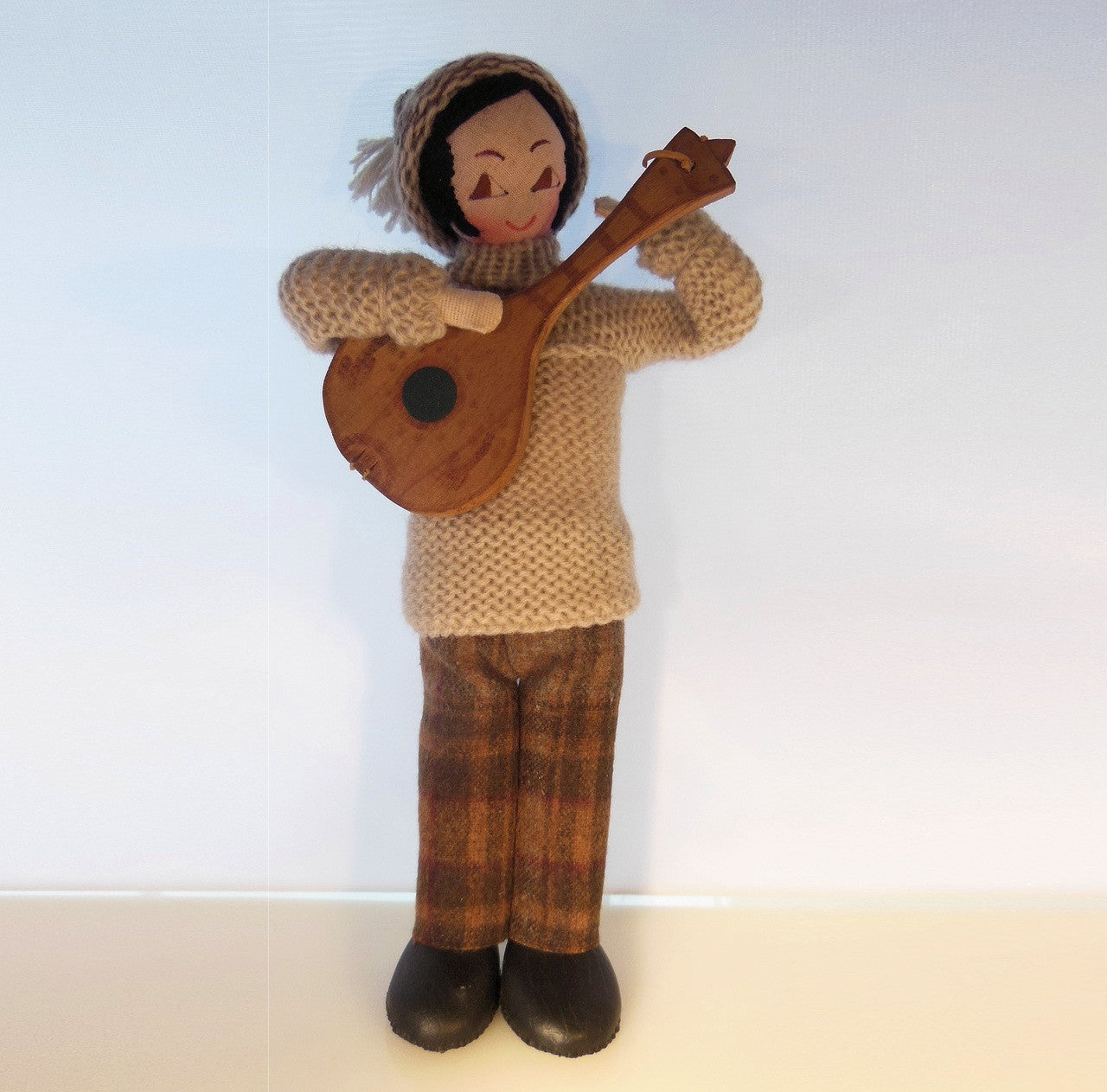 Mandolin Player, Vintage Folk Art Doll, Handmade, Knitted Sweater and Hat, painted face on fabric-12