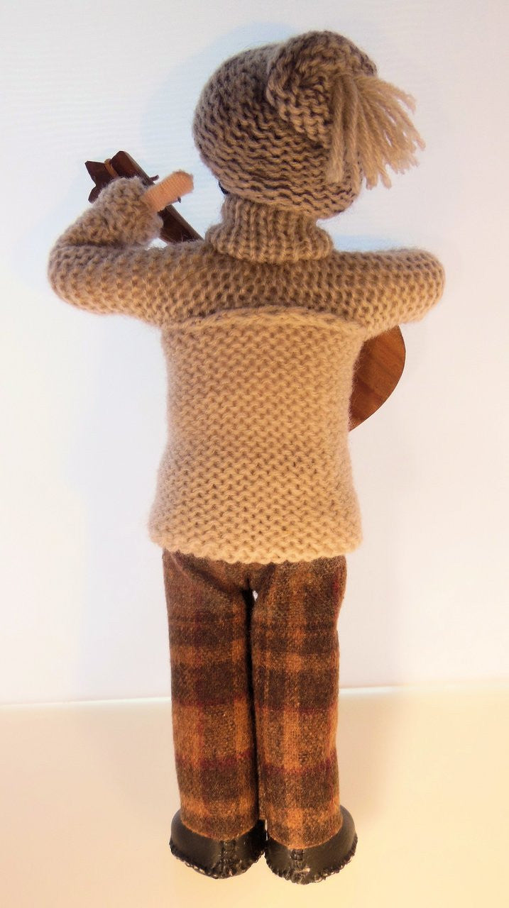 Mandolin Player, Vintage Folk Art Doll, Handmade, Knitted Sweater and Hat, painted face on fabric-3