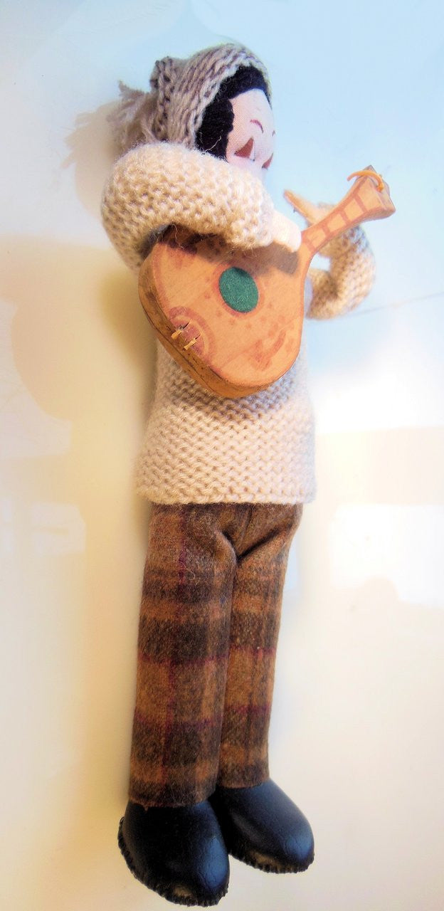 Mandolin Player, Vintage Folk Art Doll, Handmade, Knitted Sweater and Hat, painted face on fabric-2