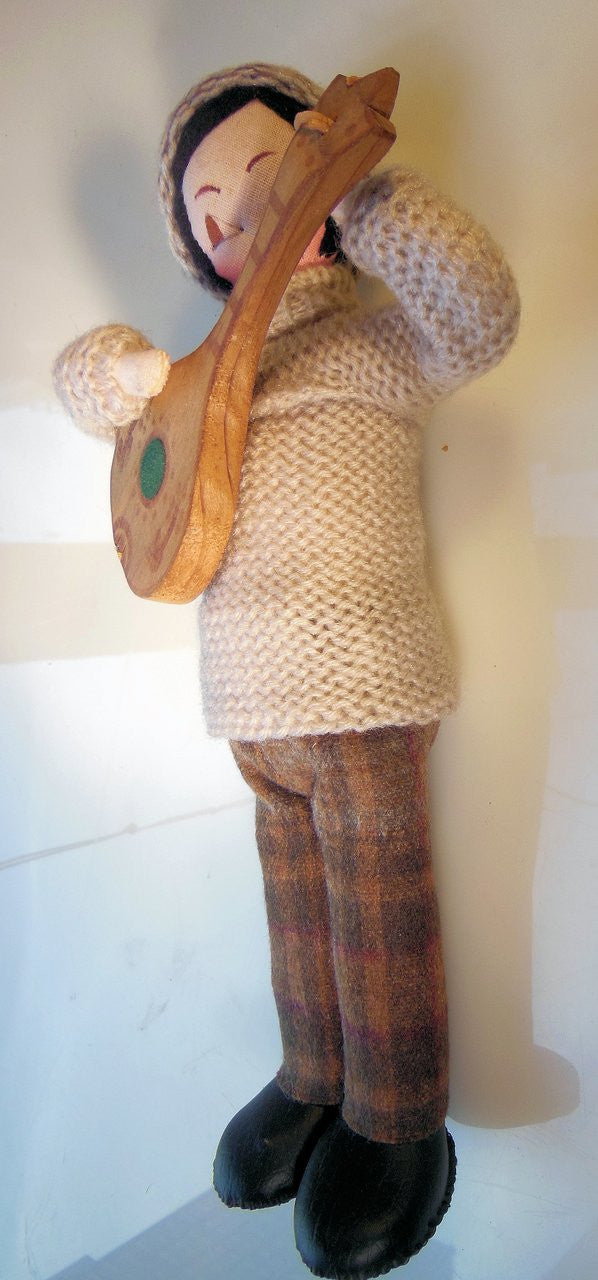 Mandolin Player, Vintage Folk Art Doll, Handmade, Knitted Sweater and Hat, painted face on fabric-4