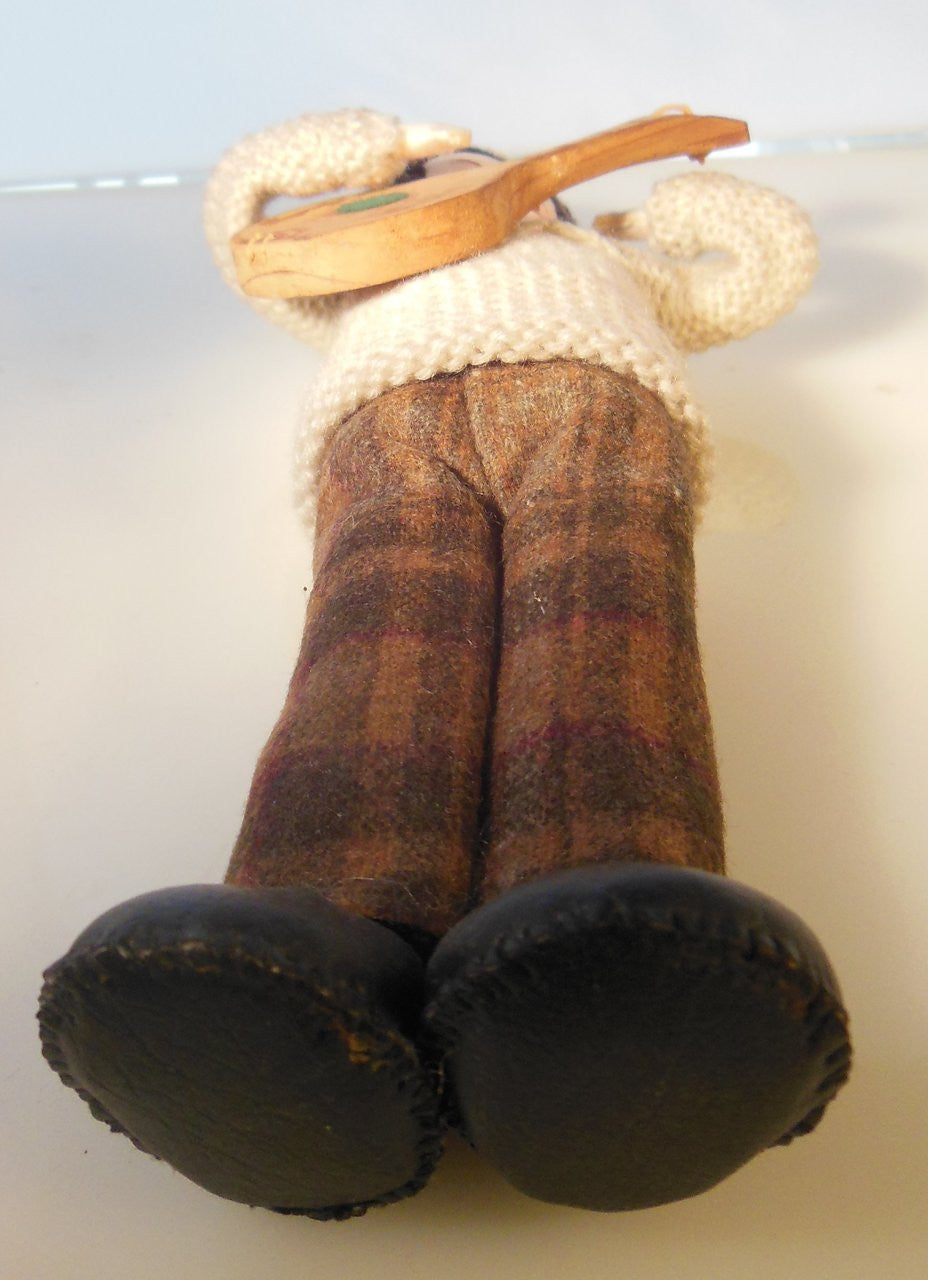 Mandolin Player, Vintage Folk Art Doll, Handmade, Knitted Sweater and Hat, painted face on fabric-5