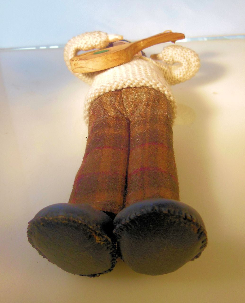 Mandolin Player, Vintage Folk Art Doll, Handmade, Knitted Sweater and Hat, painted face on fabric-7