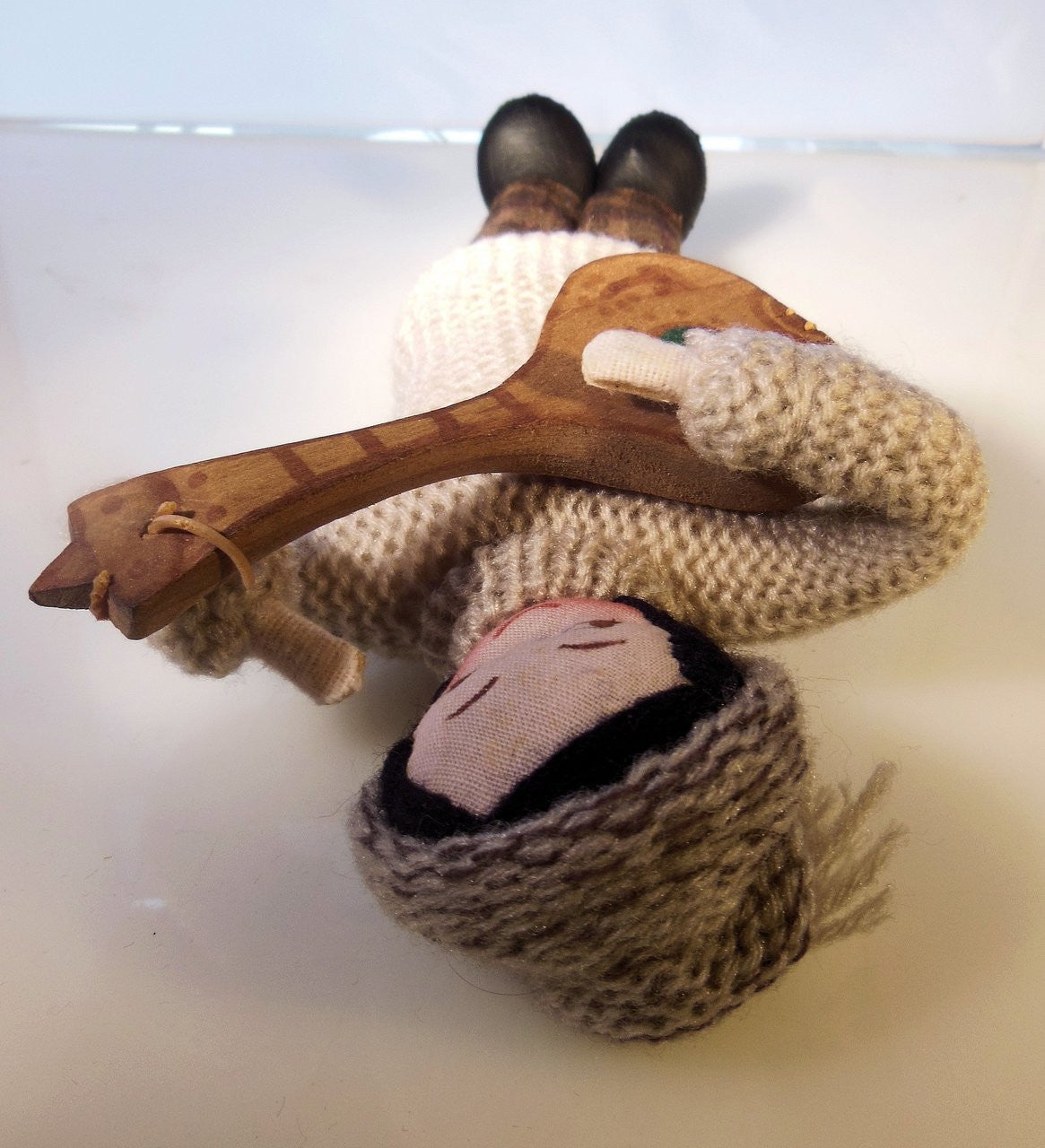 Mandolin Player, Vintage Folk Art Doll, Handmade, Knitted Sweater and Hat, painted face on fabric-8