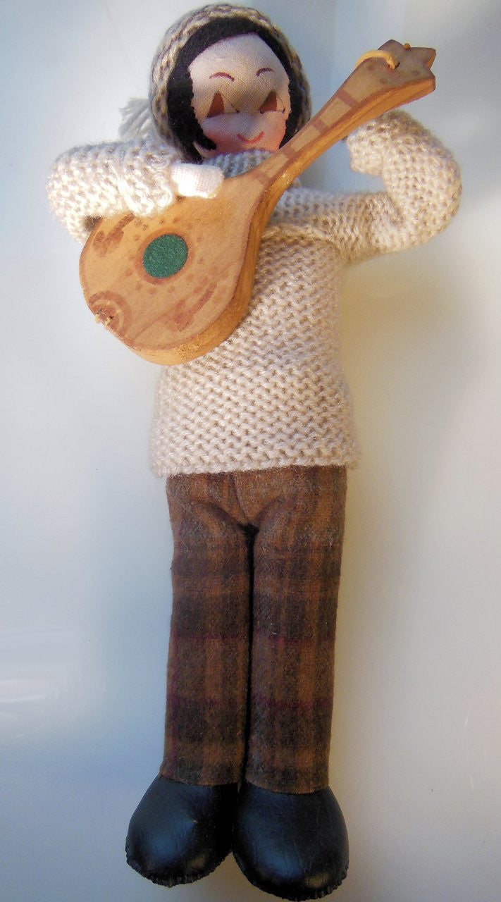 Mandolin Player, Vintage Folk Art Doll, Handmade, Knitted Sweater and Hat, painted face on fabric-6