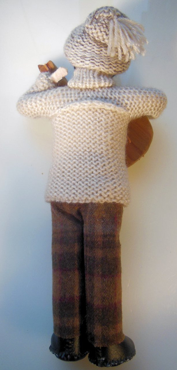 Mandolin Player, Vintage Folk Art Doll, Handmade, Knitted Sweater and Hat, painted face on fabric-10