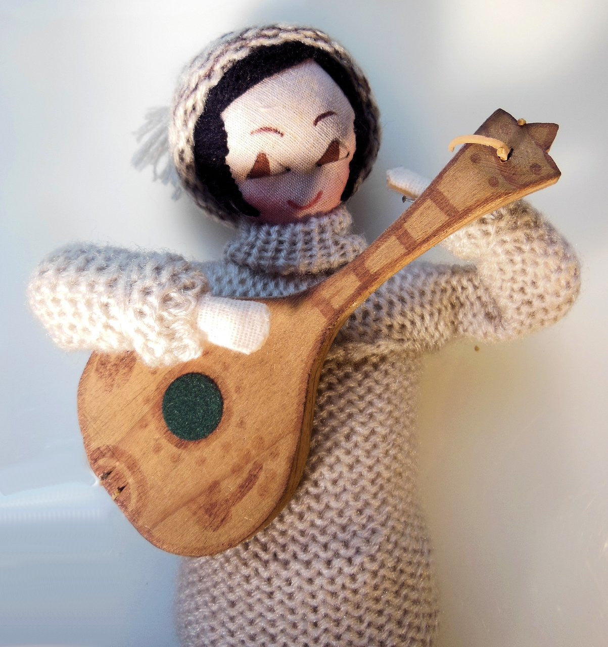 Mandolin Player, Vintage Folk Art Doll, Handmade, Knitted Sweater and Hat, painted face on fabric-11