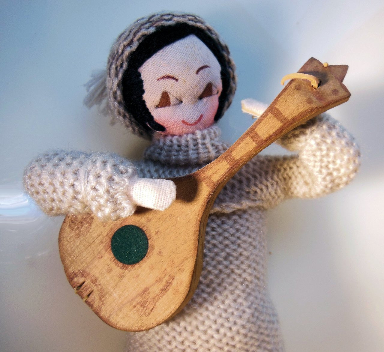 Mandolin Player, Vintage Folk Art Doll, Handmade, Knitted Sweater and Hat, painted face on fabric-9
