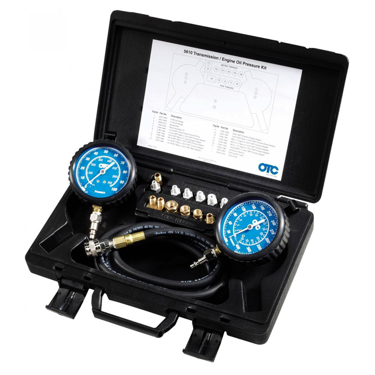 OTC transmission and engine oil pressure testing kit with gauges and hoses for vehicle diagnostics.