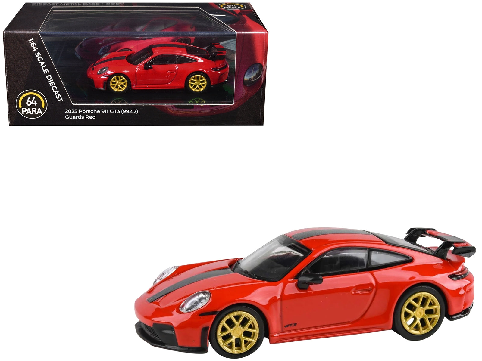 2025 Porsche 911 GT3 diecast model car in Guards Red with carbon stripe and gold wheels by Paragon Models.