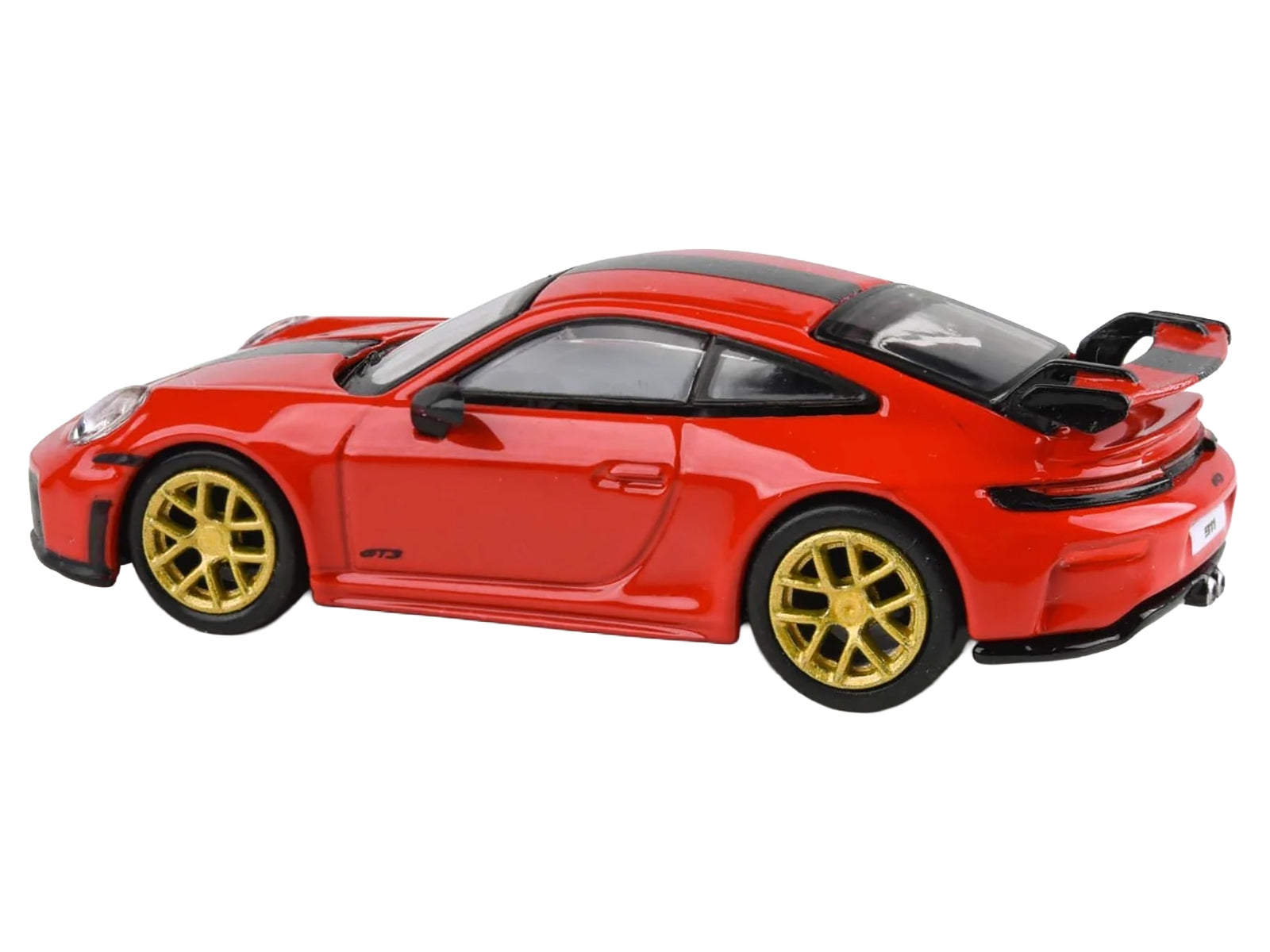 2025 Porsche 911 GT3 (992.2) diecast model car in Guards Red with carbon stripe and gold wheels by Paragon Models.