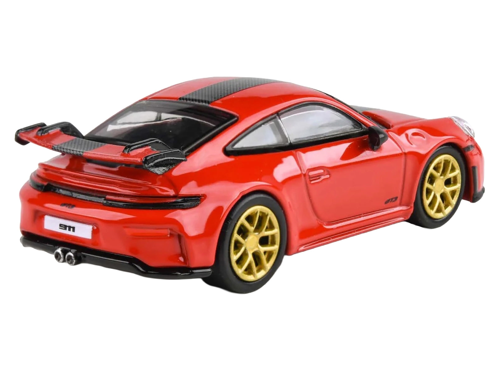 2025 Porsche 911 GT3 (992.2) diecast model car by Paragon in Guards Red with carbon stripe and gold wheels.