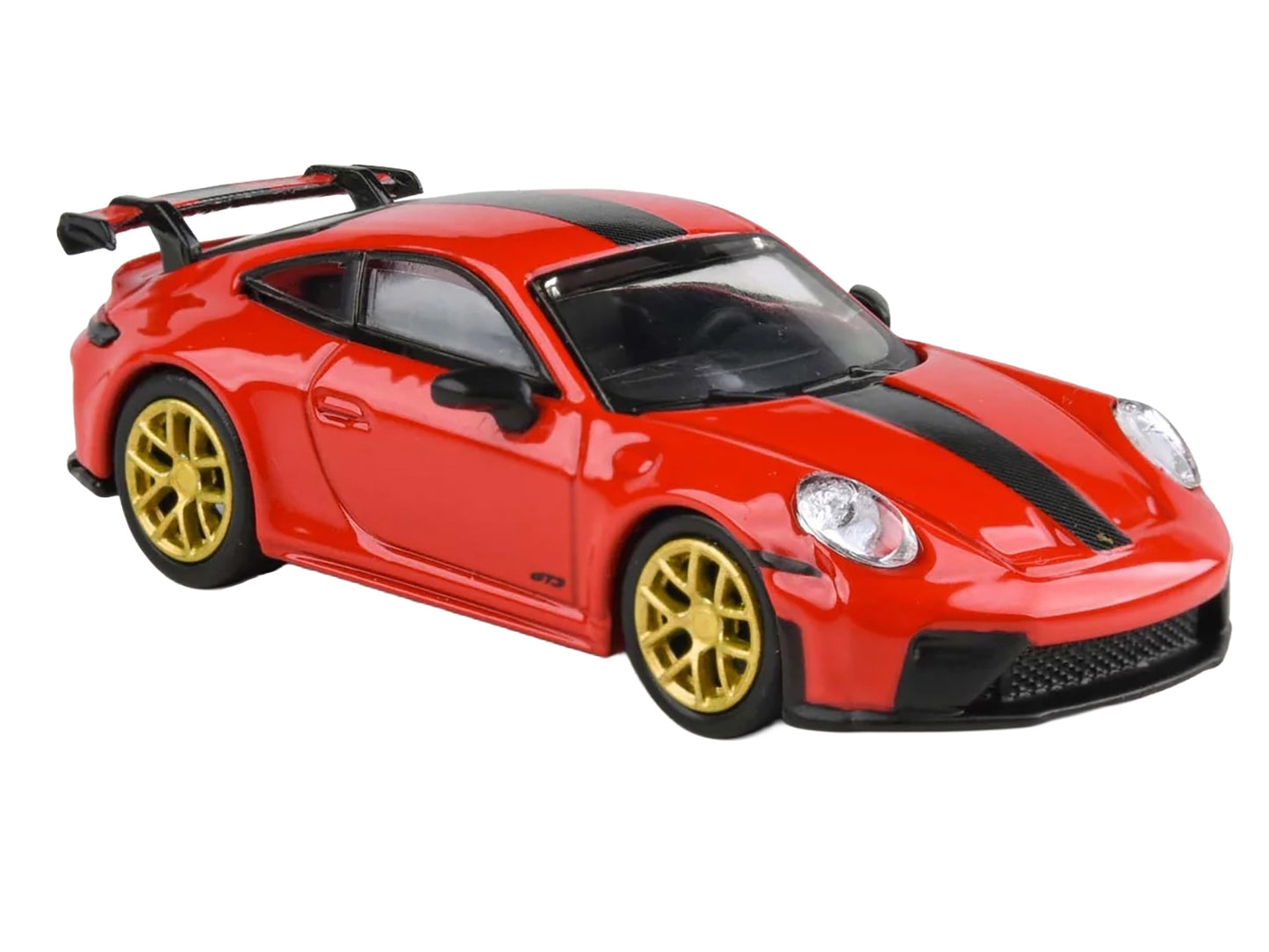 2025 Porsche 911 GT3 (992.2) diecast model car by Paragon in Guards Red with carbon stripe and gold wheels.