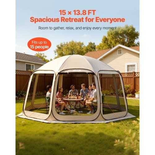 Screen House Tent, 15 x 13.8 ft, 12-15 Person Pop Up Screen Tent, Portable Screened in Canopy with Carry Bag, Netting Sides, Ground Stakes, for Garden, Patio, Backyard, Outdoor Activities, Beige
