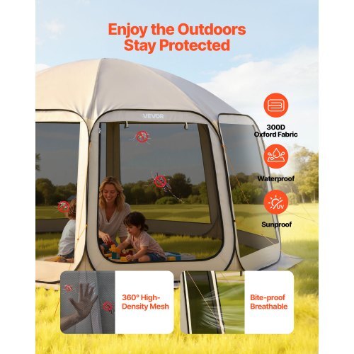 Screen House Tent, 15 x 13.8 ft, 12-15 Person Pop Up Screen Tent, Portable Screened in Canopy with Carry Bag, Netting Sides, Ground Stakes, for Garden, Patio, Backyard, Outdoor Activities, Beige