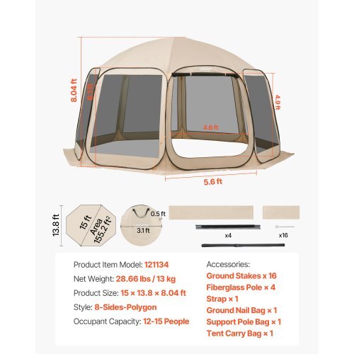 Screen House Tent, 15 x 13.8 ft, 12-15 Person Pop Up Screen Tent, Portable Screened in Canopy with Carry Bag, Netting Sides, Ground Stakes, for Garden, Patio, Backyard, Outdoor Activities, Beige