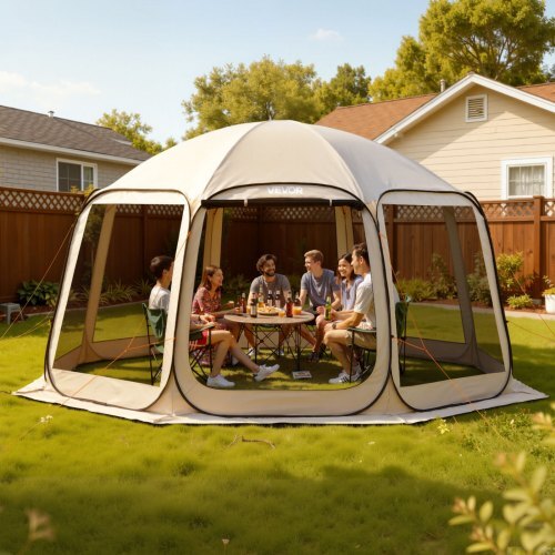 Screen House Tent, 15 x 13.8 ft, 12-15 Person Pop Up Screen Tent, Portable Screened in Canopy with Carry Bag, Netting Sides, Ground Stakes, for Garden, Patio, Backyard, Outdoor Activities, Beige
