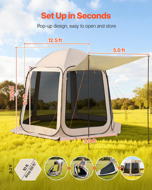 Screen House Tent, 10 x 9.2 ft, 4-8 Person Pop Up Screen Tent with Extended Awning, Portable Screened in Canopy with Carry Bag, Netting Sides, for Patio, Backyard, and Outdoor Activities, Beige