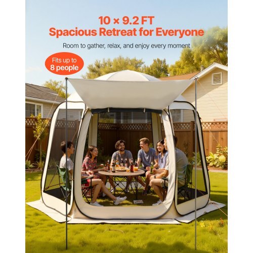 Screen House Tent, 10 x 9.2 ft, 4-8 Person Pop Up Screen Tent with Extended Awning, Portable Screened in Canopy with Carry Bag, Netting Sides, for Patio, Backyard, and Outdoor Activities, Beige